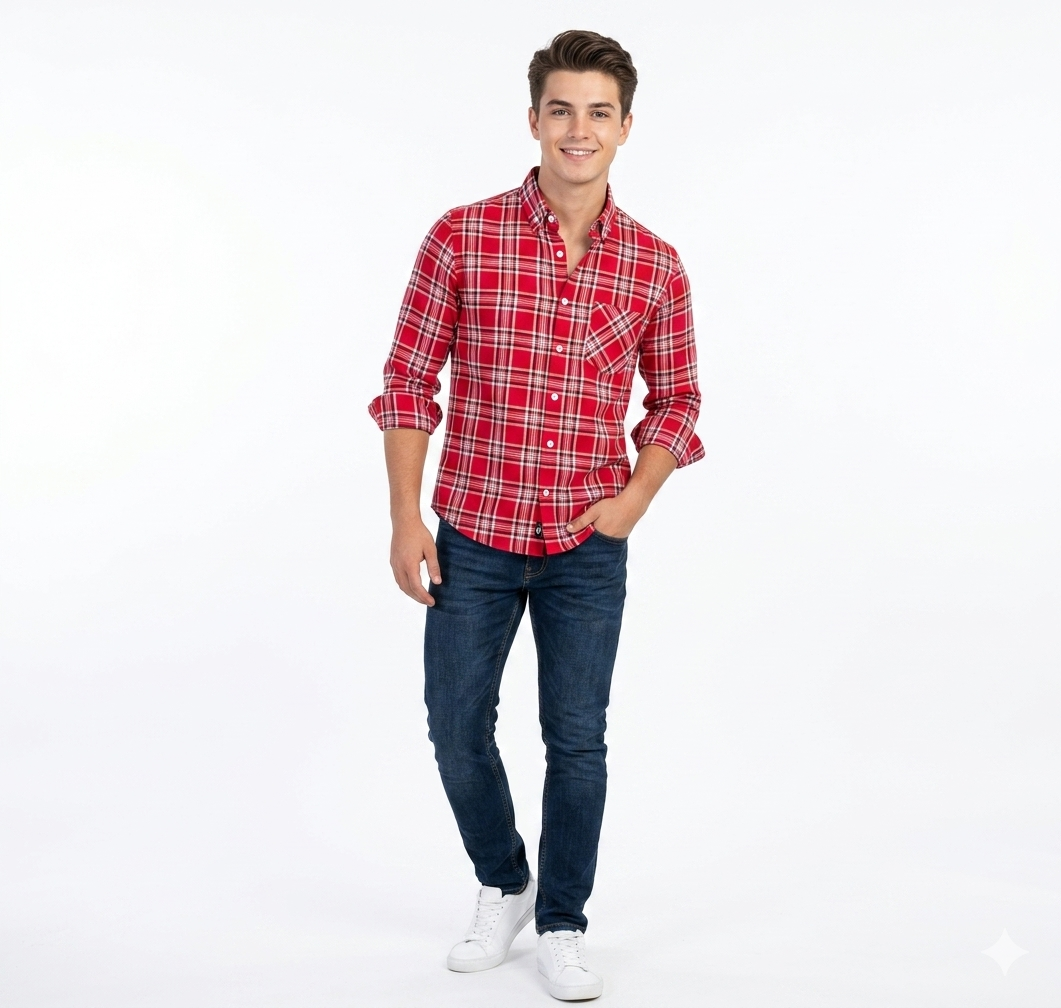 Men Trendy Red Cotton Check Shirt