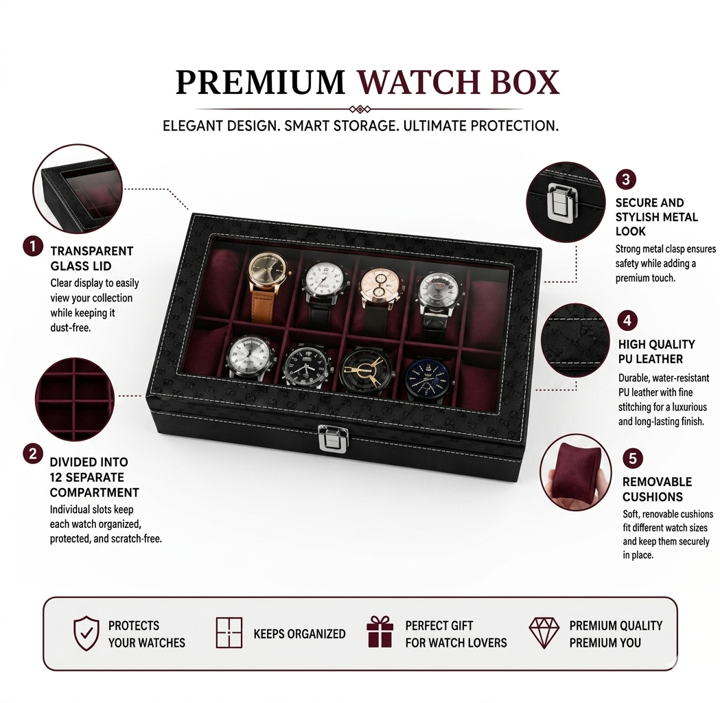 Accolax Leather Transparent Watch Organizer Box - Black & Red