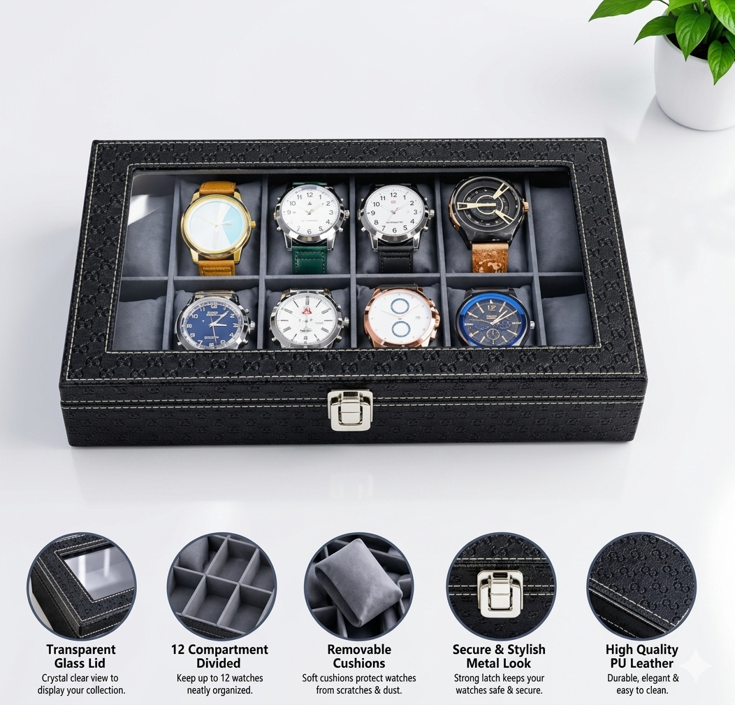 Unique Leather Transparent Watch Organizer Box