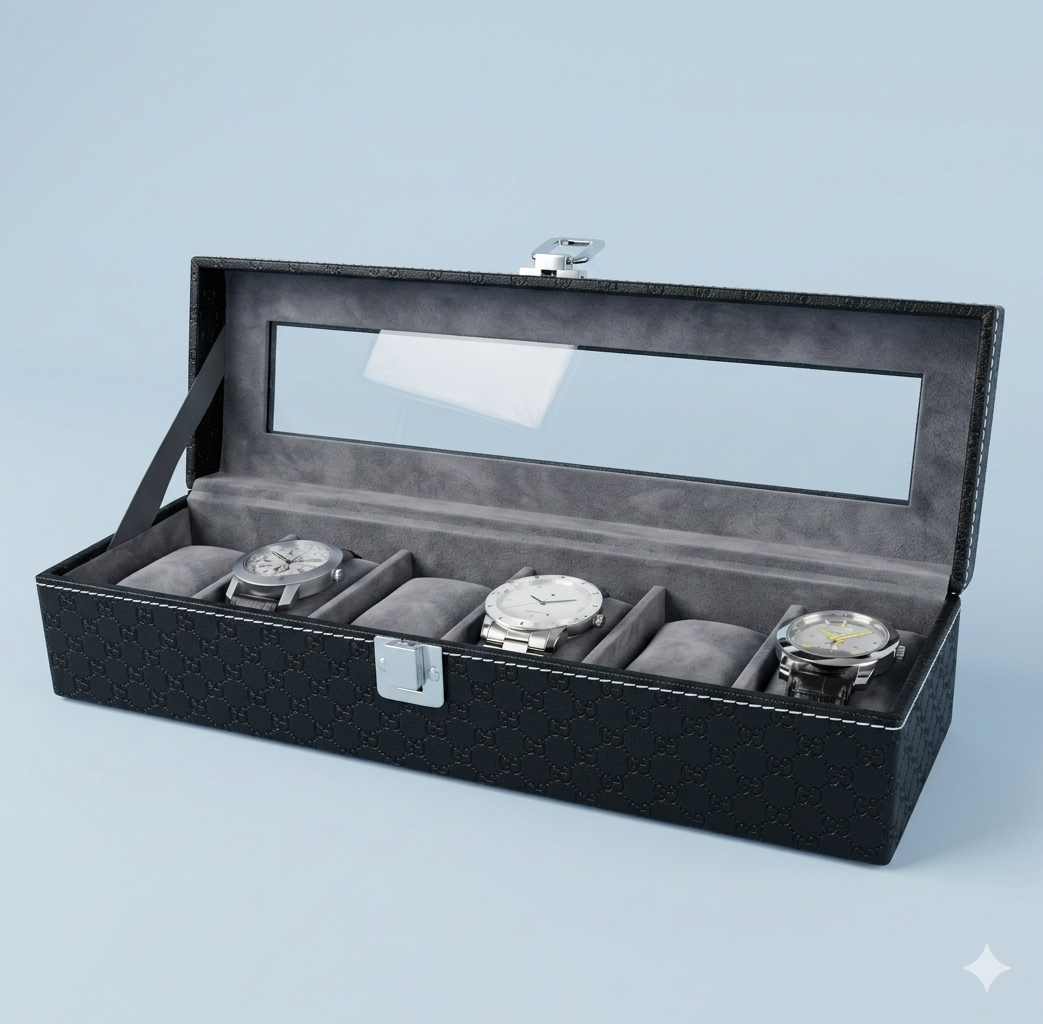 Luxurious Leather Transparent Watch Organizer Box - Black & Grey