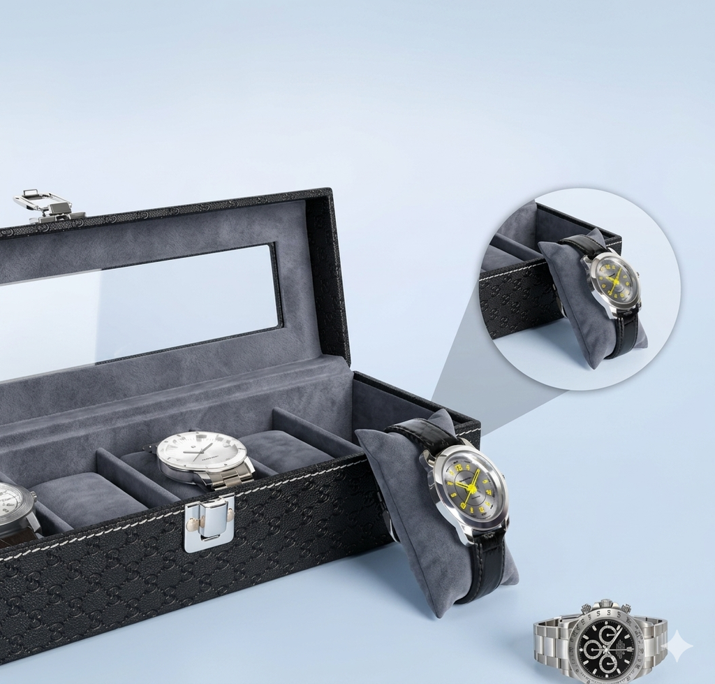 Luxurious Leather Transparent Watch Organizer Box - Black & Grey