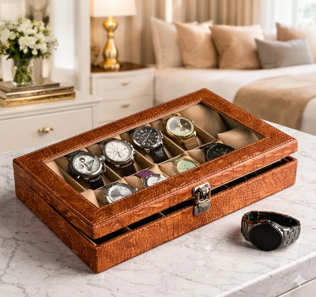 Bright Brown Croco Leather Transparent Watch Organizer Box