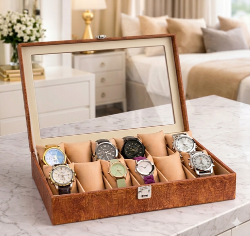 Bright Brown Croco Leather Transparent Watch Organizer Box
