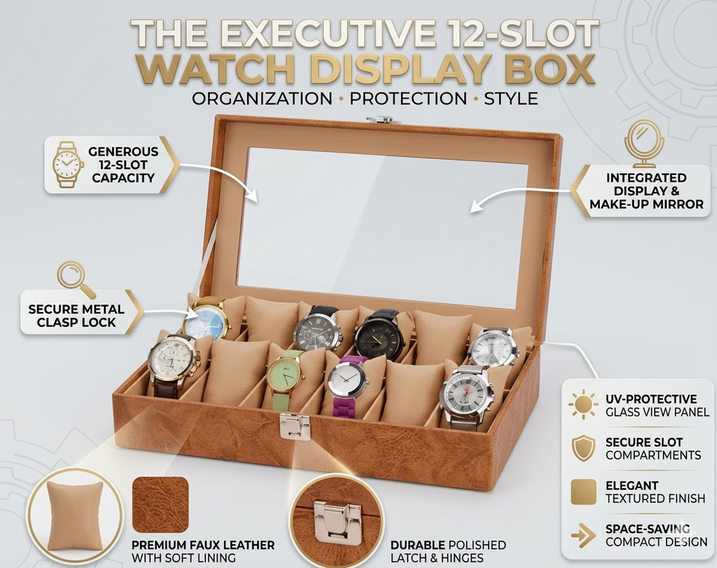 Bright Brown Croco Leather Transparent Watch Organizer Box