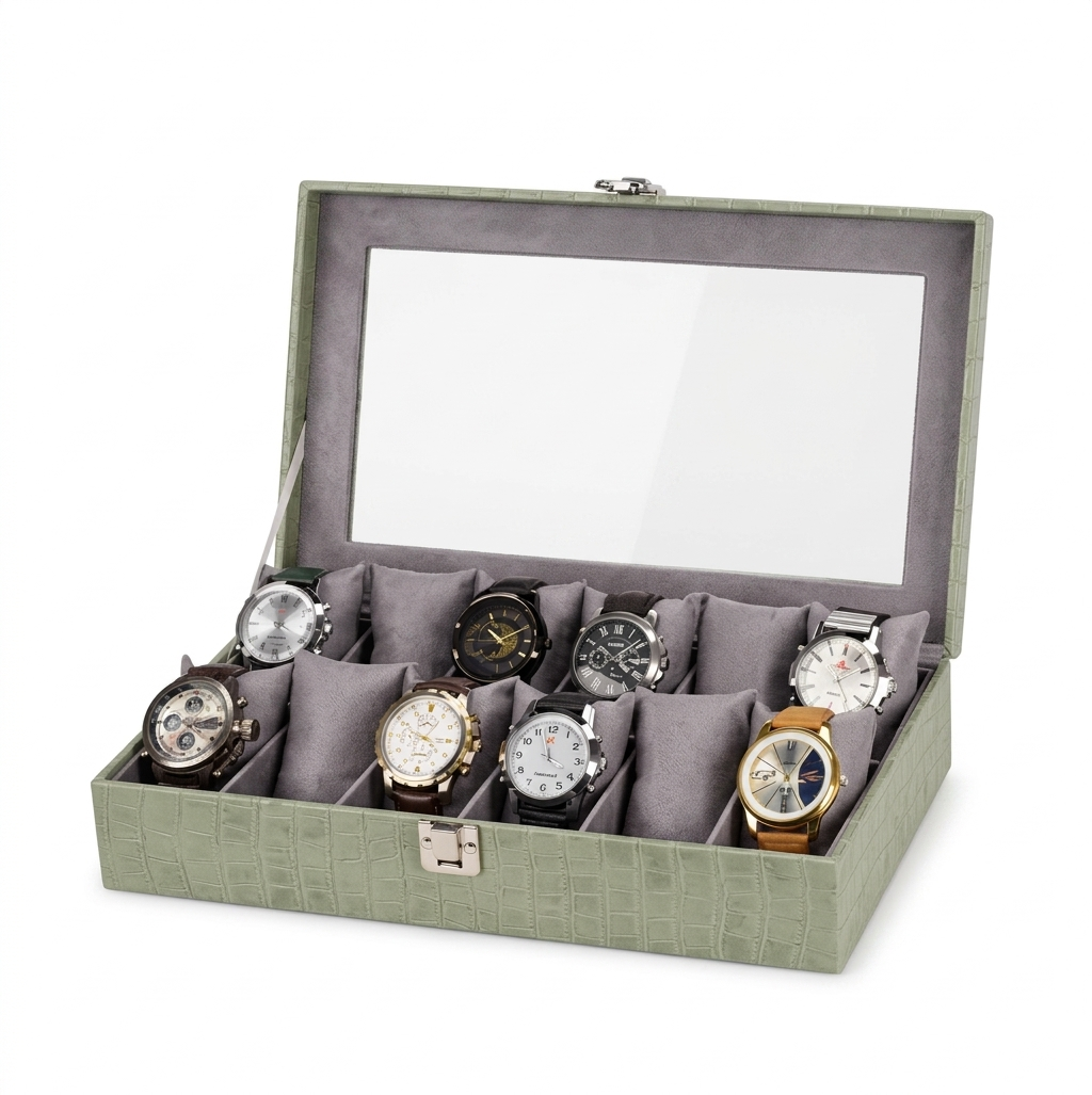 Green Croco Leather Transparent Watch Organizer Box