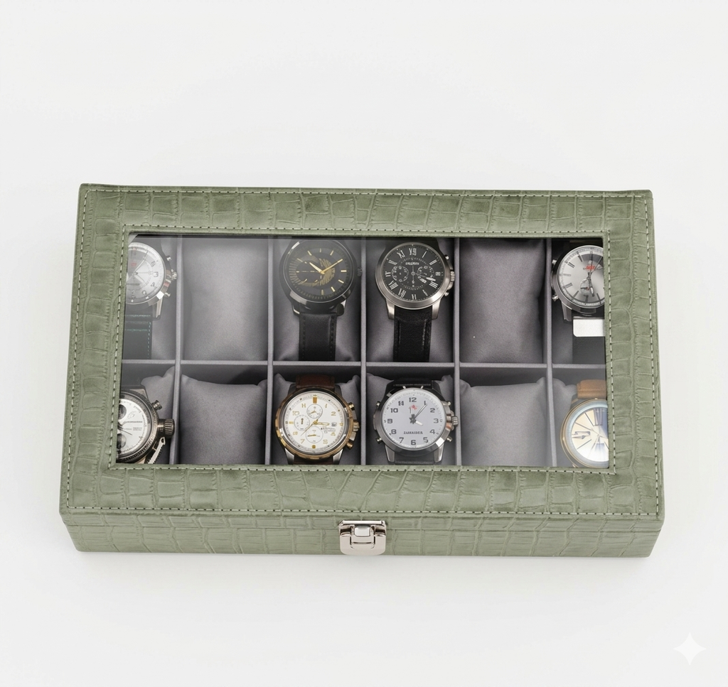 Green Croco Leather Transparent Watch Organizer Box