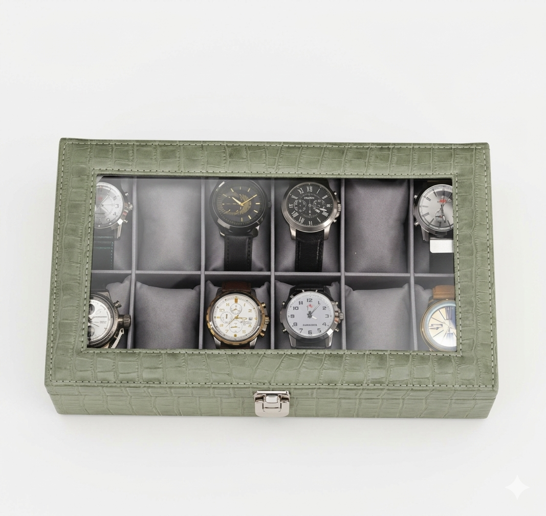 Green Croco Leather Transparent Watch Organizer Box
