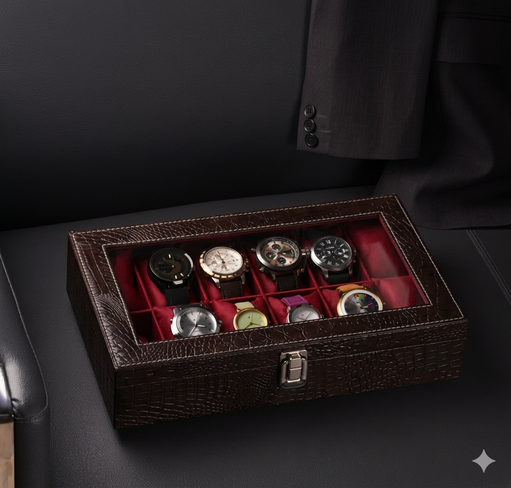 Brown Croco Leather Transparent Watch Organizer Box