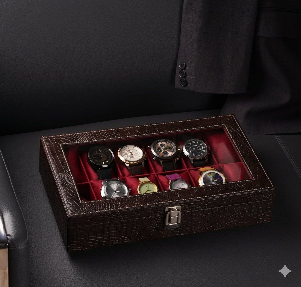 Brown Croco Leather Transparent Watch Organizer Box