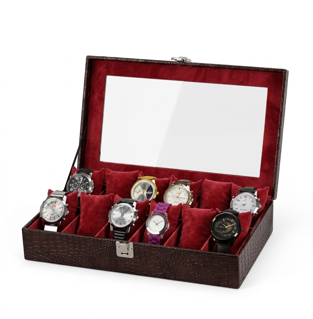 Brown Croco Leather Transparent Watch Organizer Box