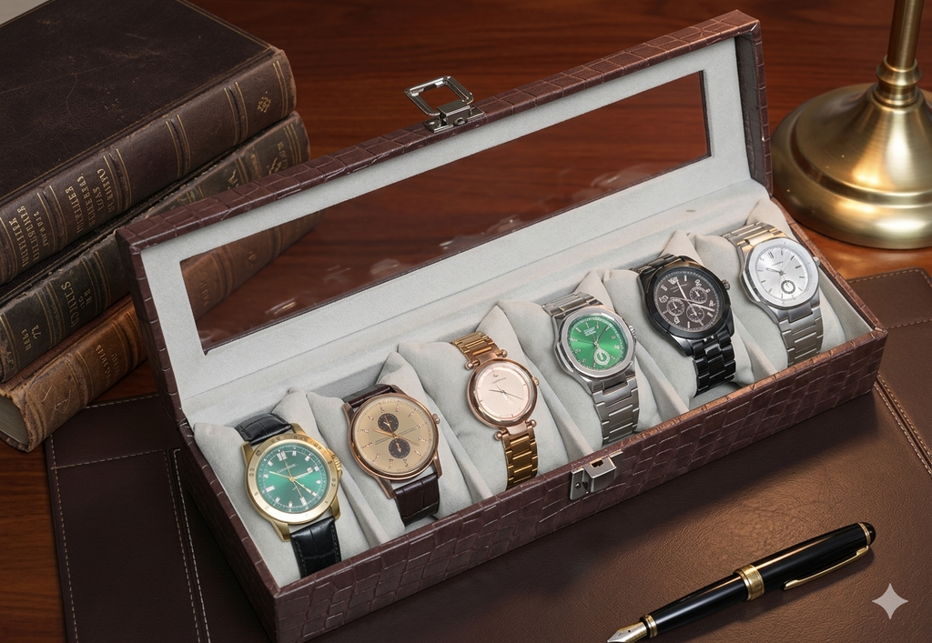 Brown Croco Leather Transparent Watch Organizer Box