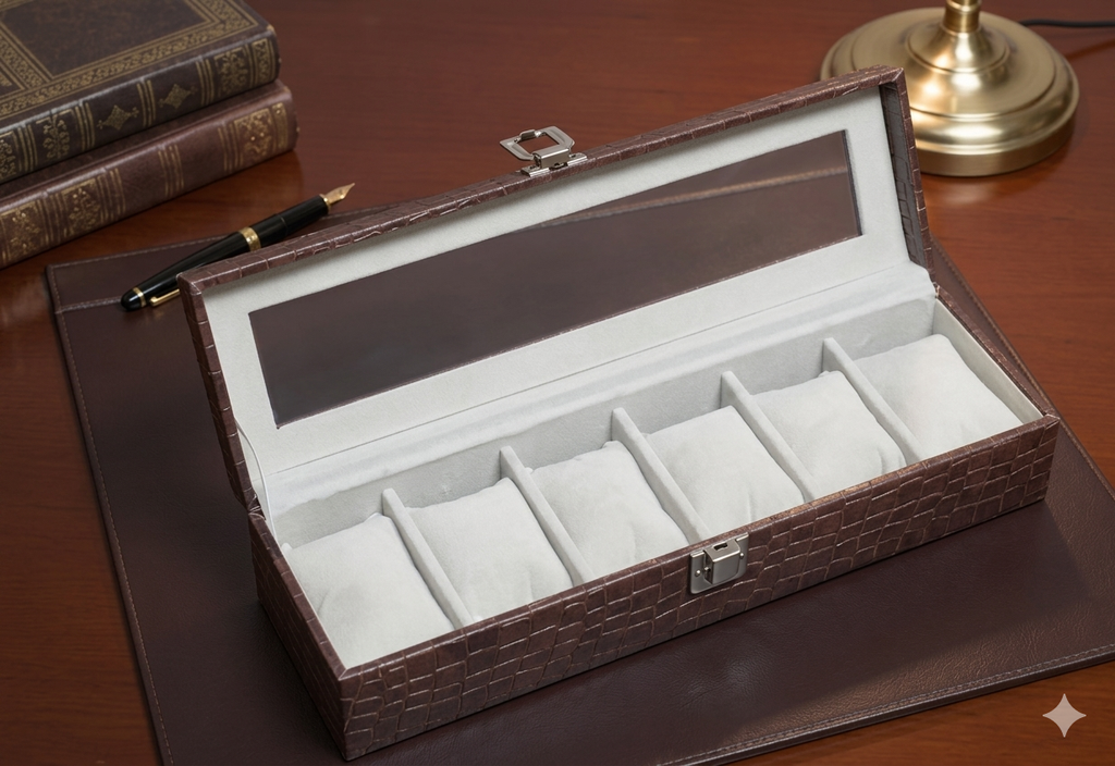 Brown Croco Leather Transparent Watch Organizer Box