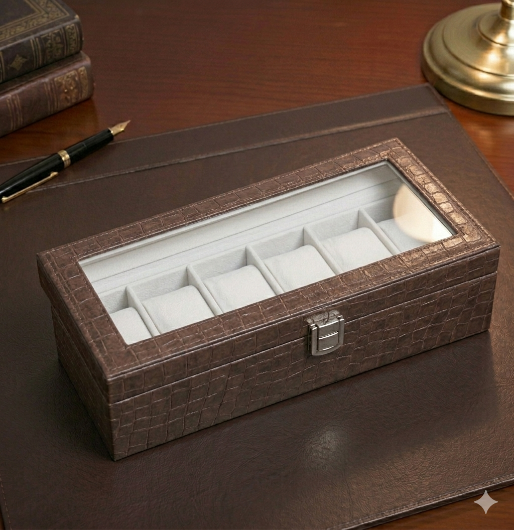 Brown Croco Leather Transparent Watch Organizer Box