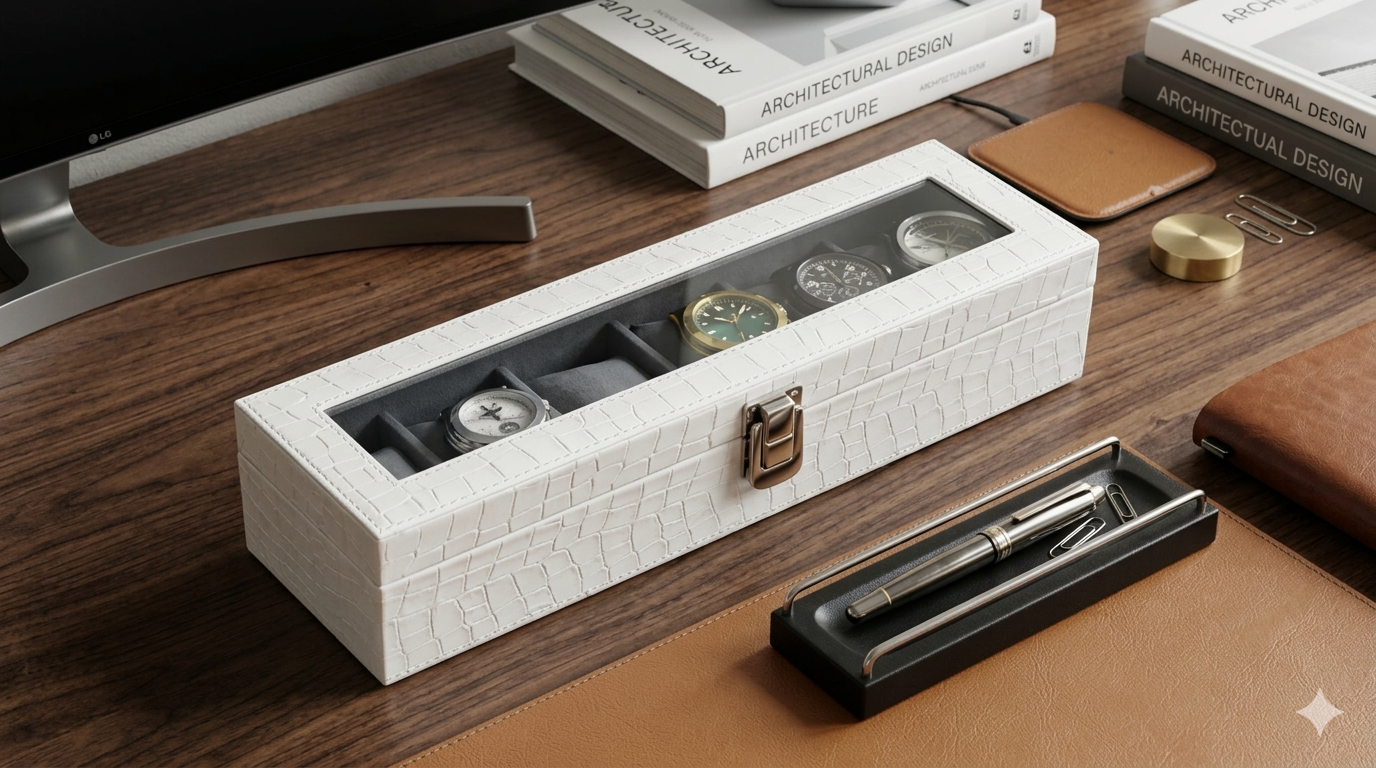 White Leather Transparent Watch Organizer Box