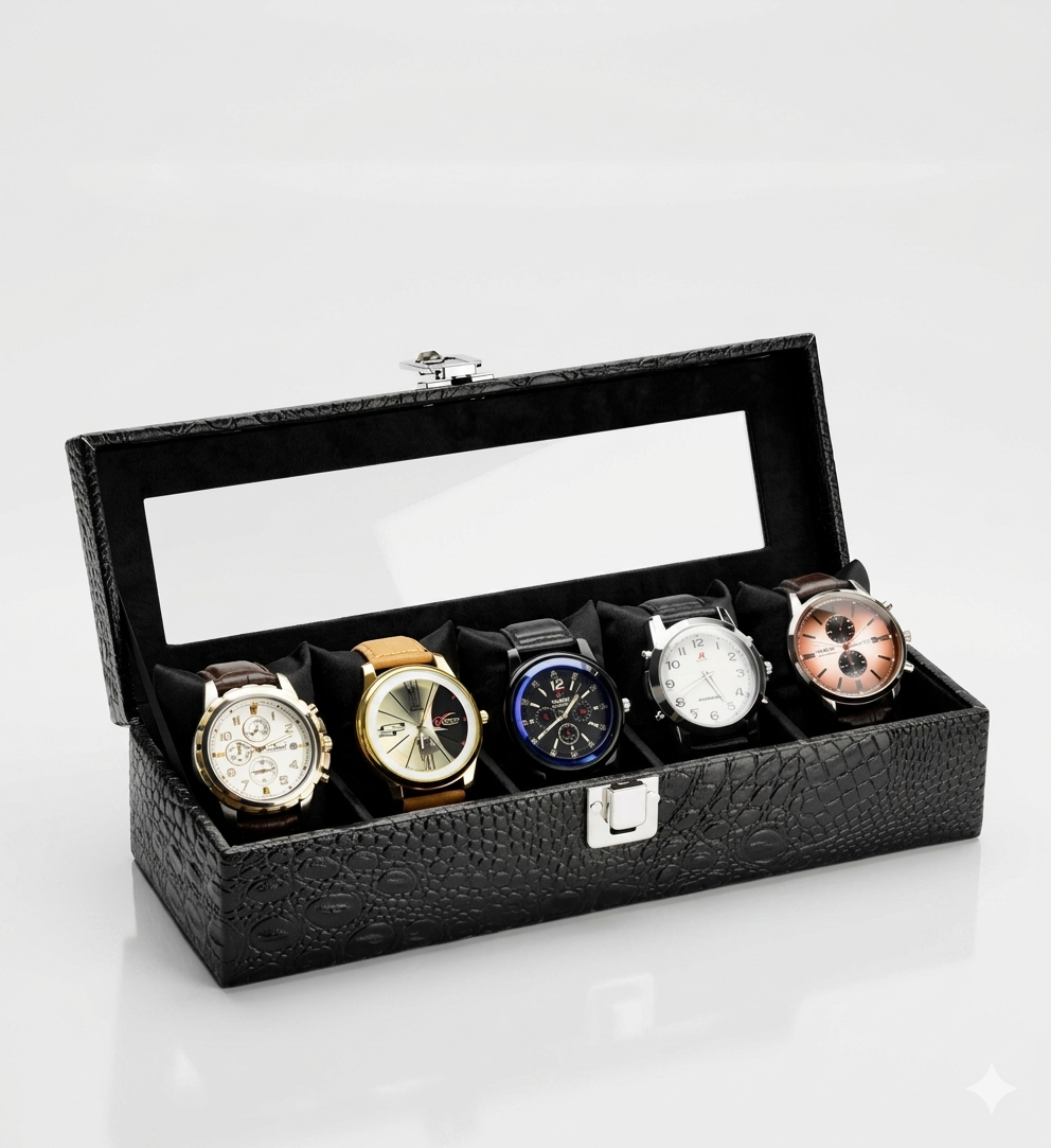 Black Croco Leather Transparent Watch Organizer Box