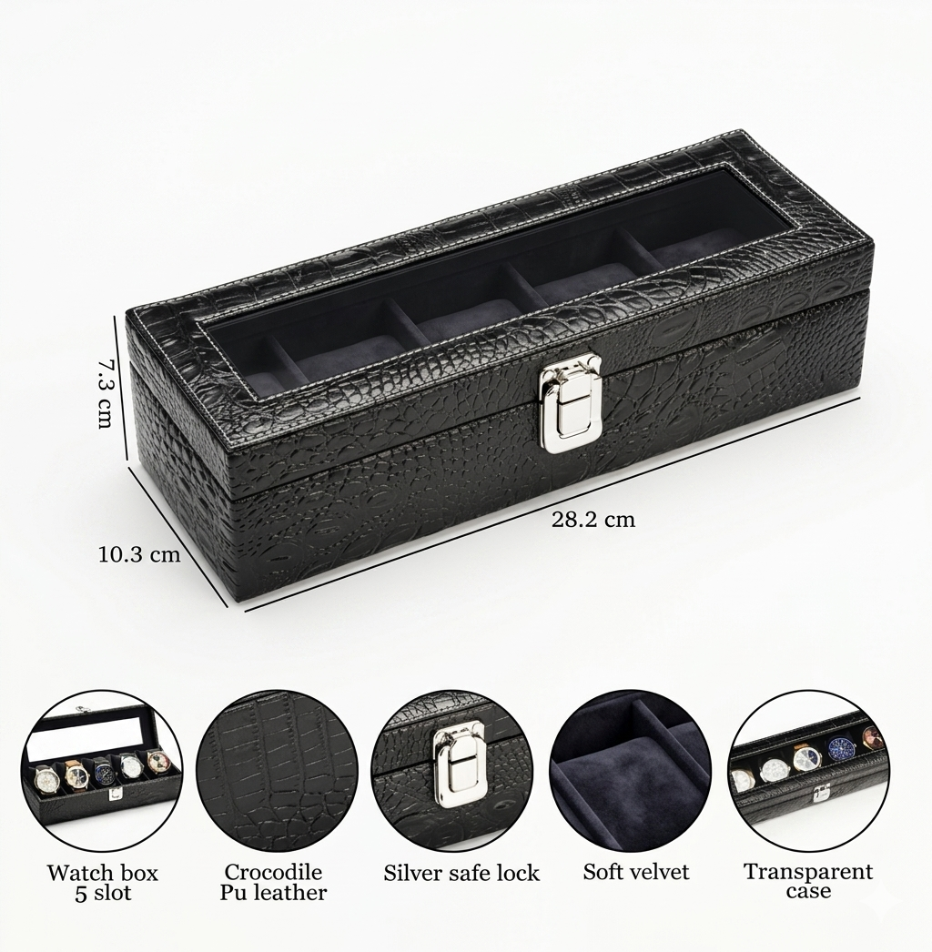 Black Croco Leather Transparent Watch Organizer Box