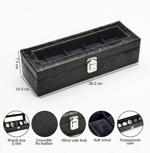 Black Croco Leather Transparent Watch Organizer Box