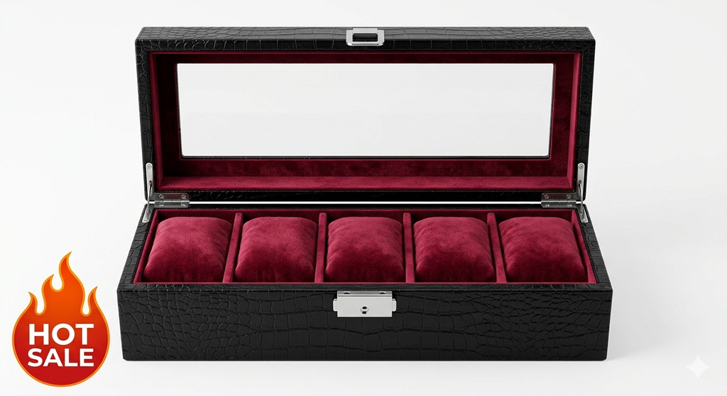 Premium Croco Leather Transparent Watch Organizer Box - Black & Red