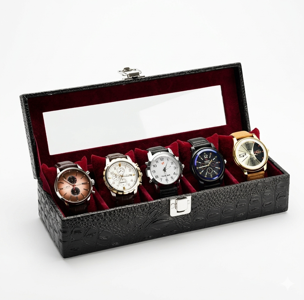 Premium Croco Leather Transparent Watch Organizer Box - Black & Red
