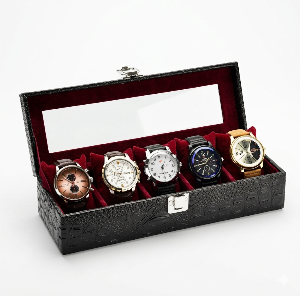 Premium Croco Leather Transparent Watch Organizer Box - Black & Red