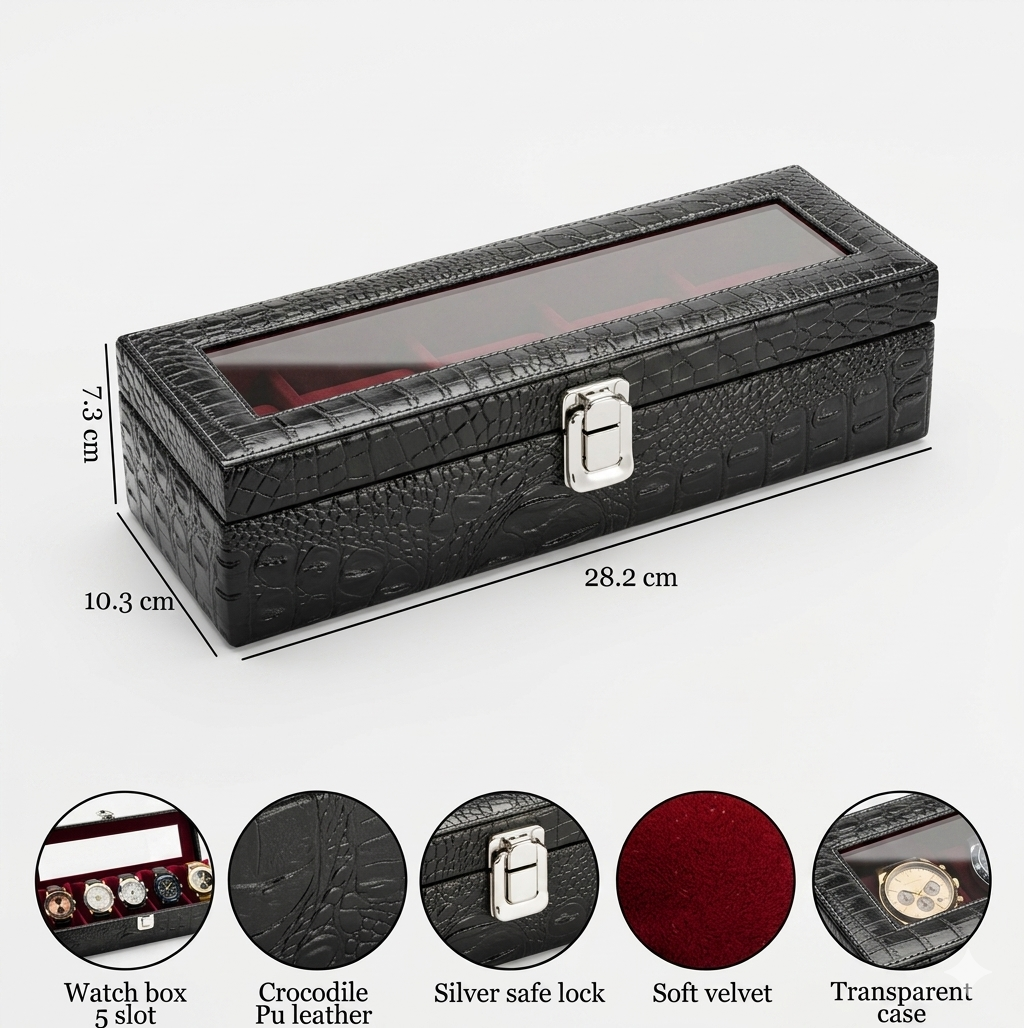 Premium Croco Leather Transparent Watch Organizer Box - Black & Red