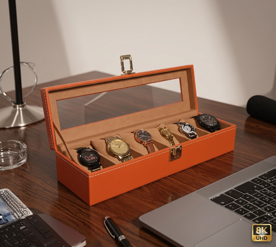 Orange Brown Leather Transparent Watch Organizer Box