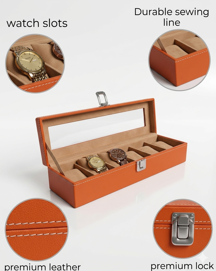 Orange Brown Leather Transparent Watch Organizer Box