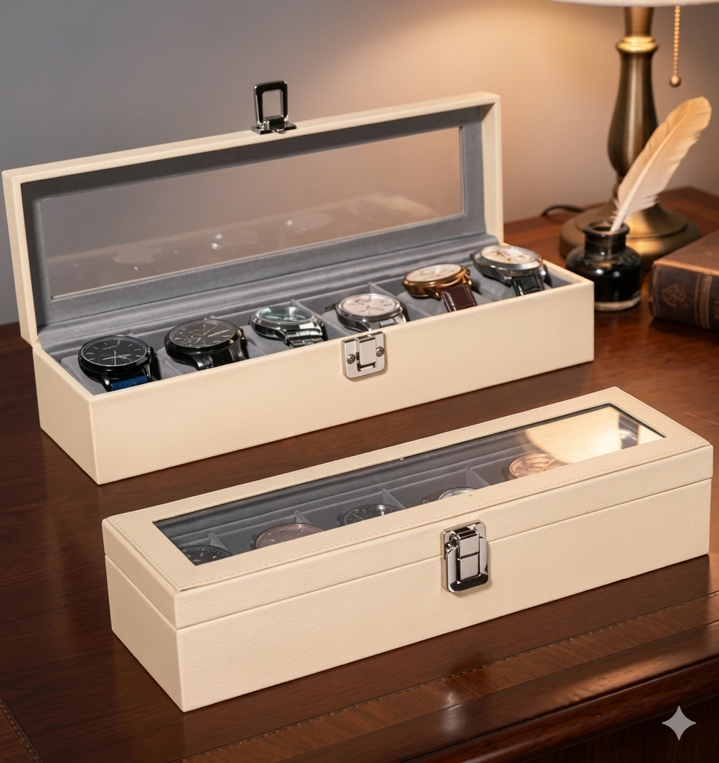 Cream Leather Transparent Watch Organizer Box