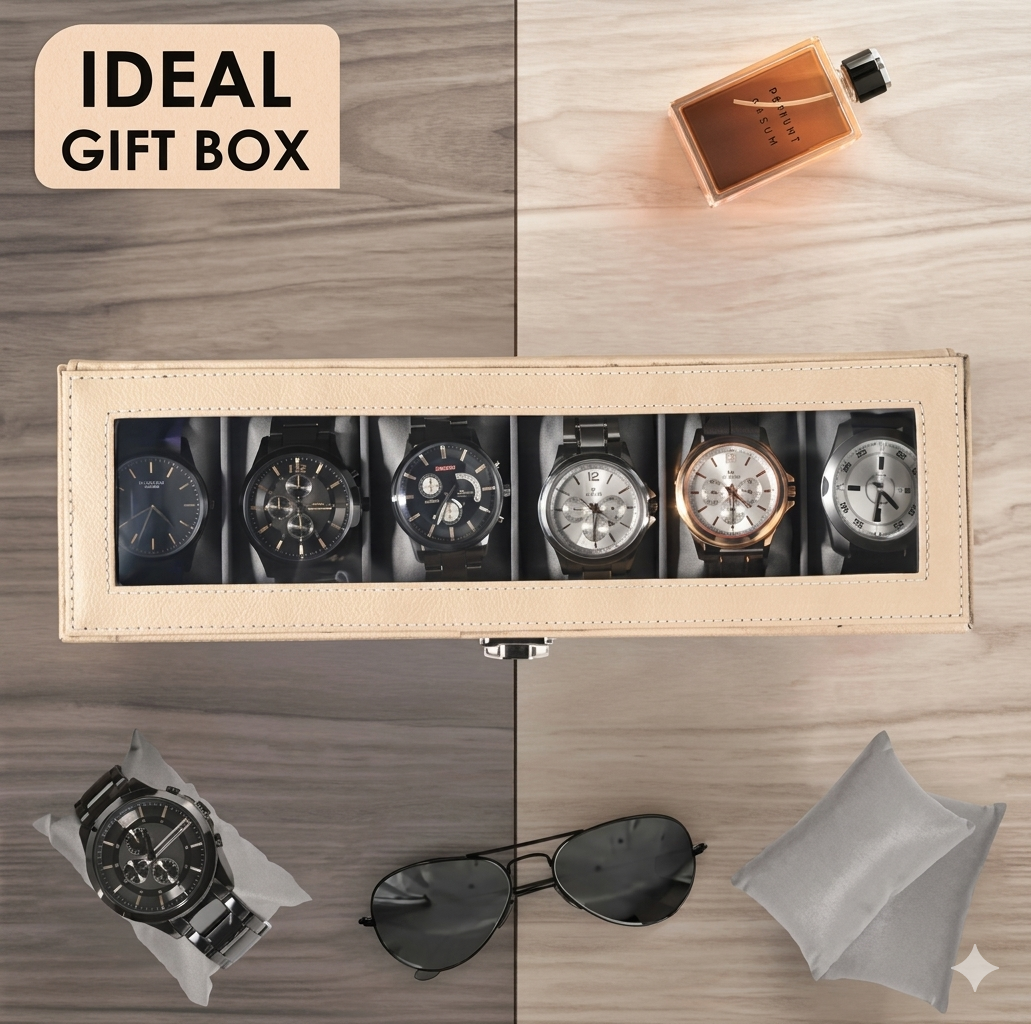 Cream Leather Transparent Watch Organizer Box