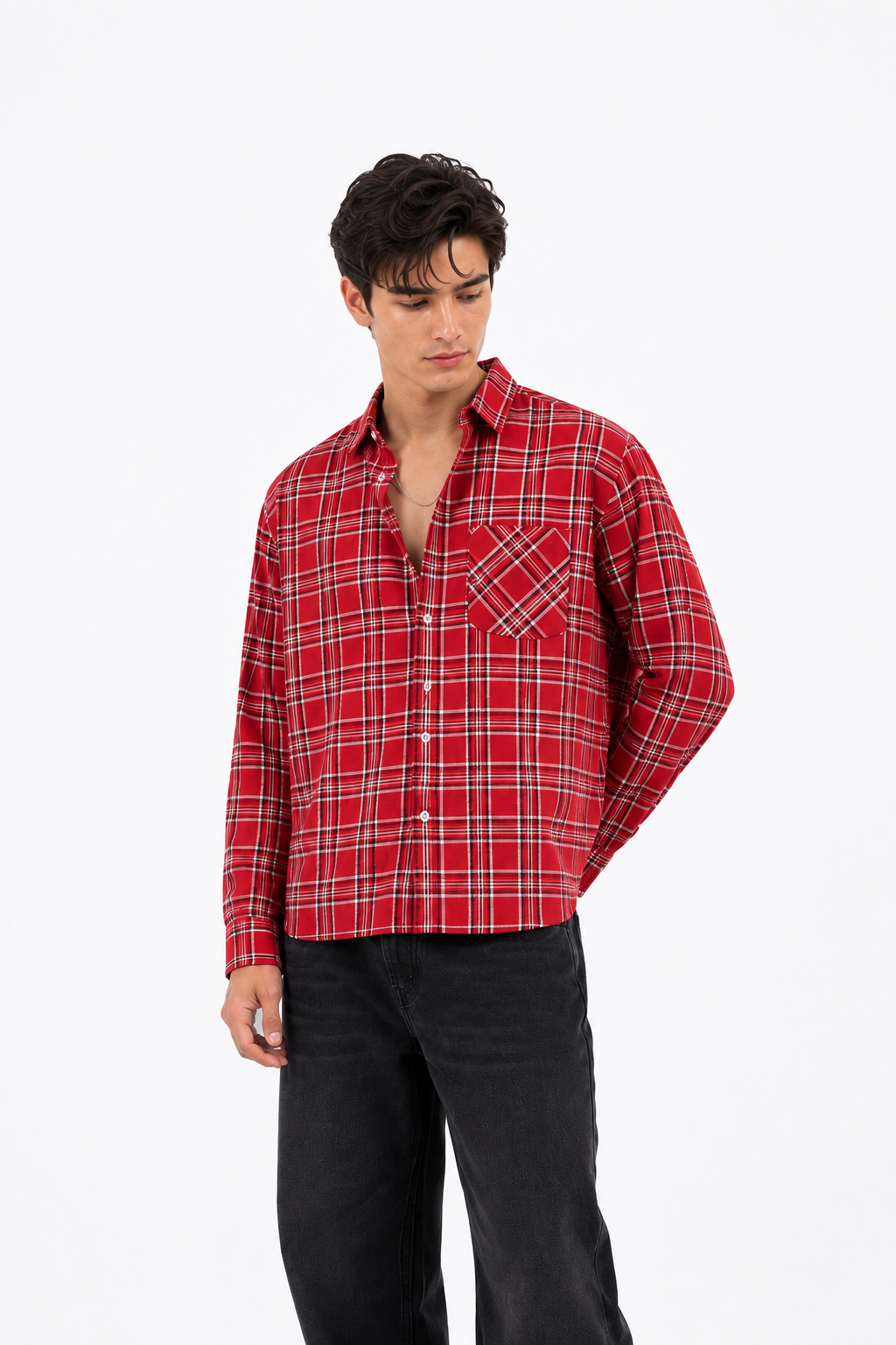 Trendy Boxy-Fit Cotton Red Check Shirt